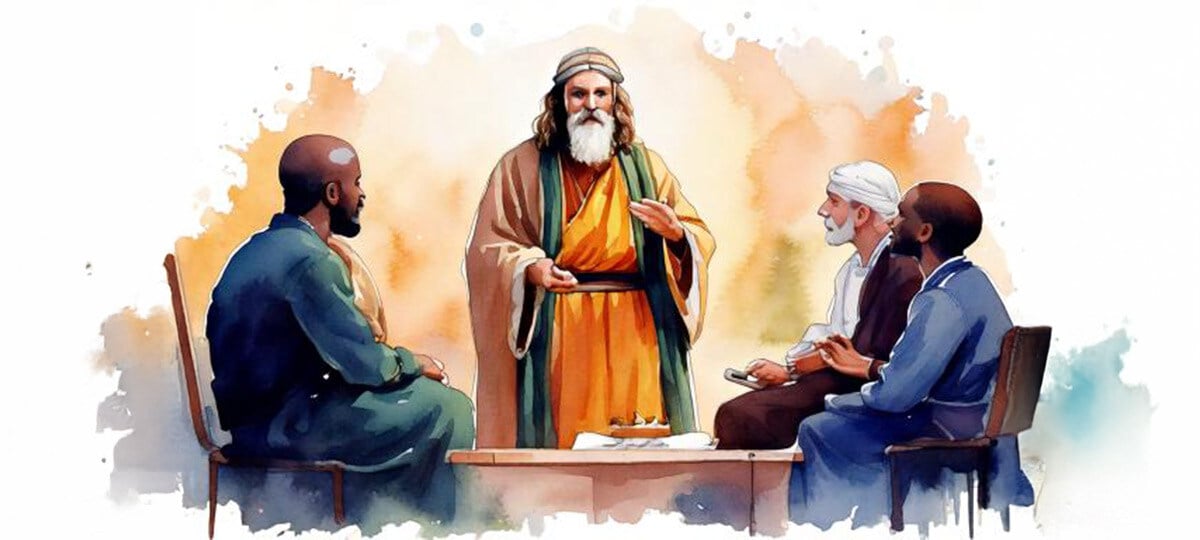 A watercolor image of Joel the prophet talking with men at a table.