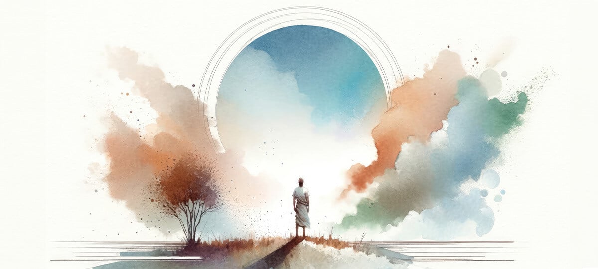 Watercolor image of man standing next to a tree on a hill.